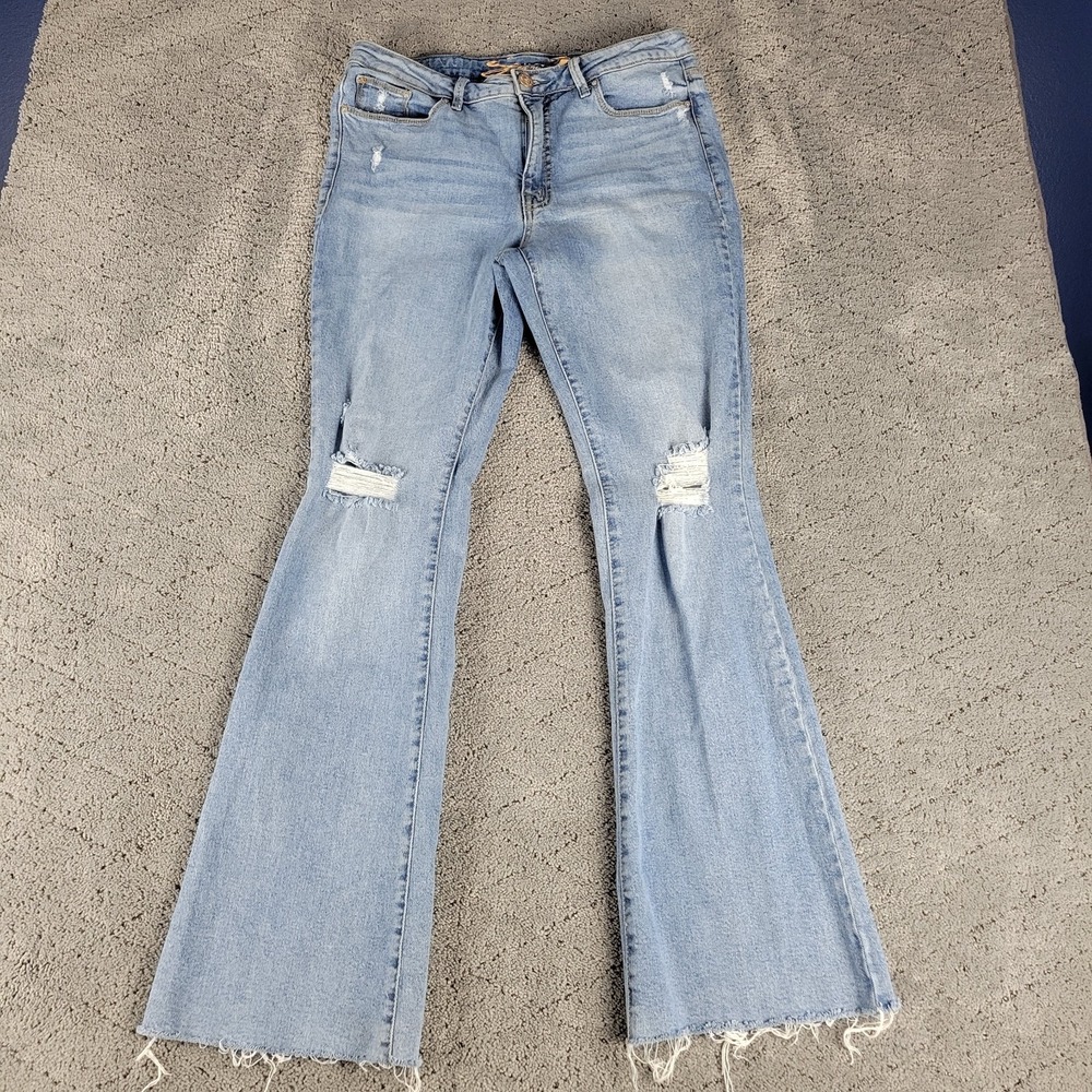 Seven7 Jeans Womens 10 Blue Slim Flare Distressed Raw Hem Mid Rise Stretch Denim